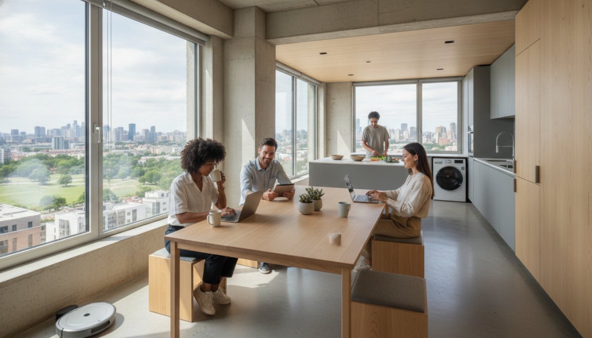 Young professionals work and talk around a wooden table in a modern, bright apartment with large windows, city views, a kitchen area, and a washing machine—perfect for maintenance-free living.