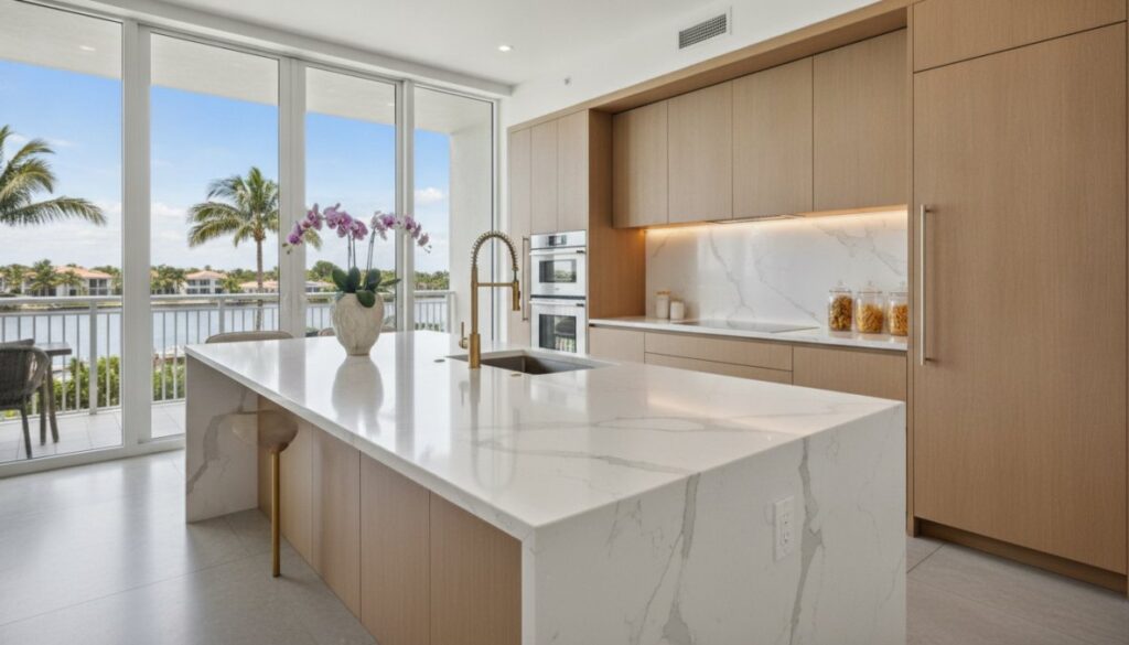 Modern kitchen in Boca luxury apartments features light wood cabinets, a spacious white quartz countertop island, built-in ovens, and a sink. Floor-to-ceiling windows reveal waterfront views with palm trees. A vase with orchids adorns the island.