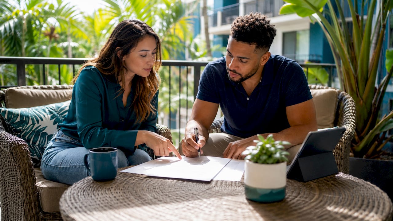 Couple reviewing apartment lease documents