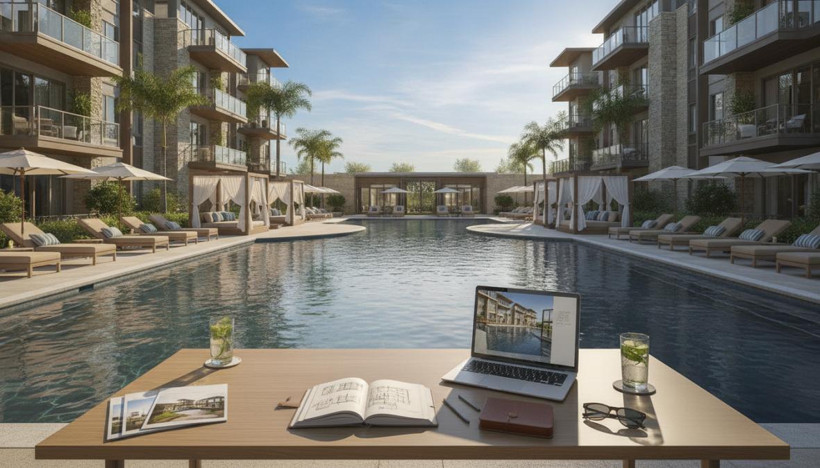 A laptop, notebook, magazine, and two drinks are on a table beside a resort style pool surrounded by luxury apartments, sun loungers, umbrellas, and palm trees under a clear blue sky.