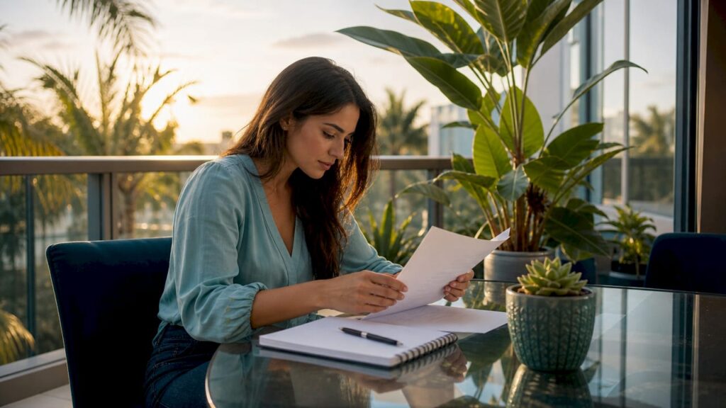 Young woman reviewing apartment leasing paperwork