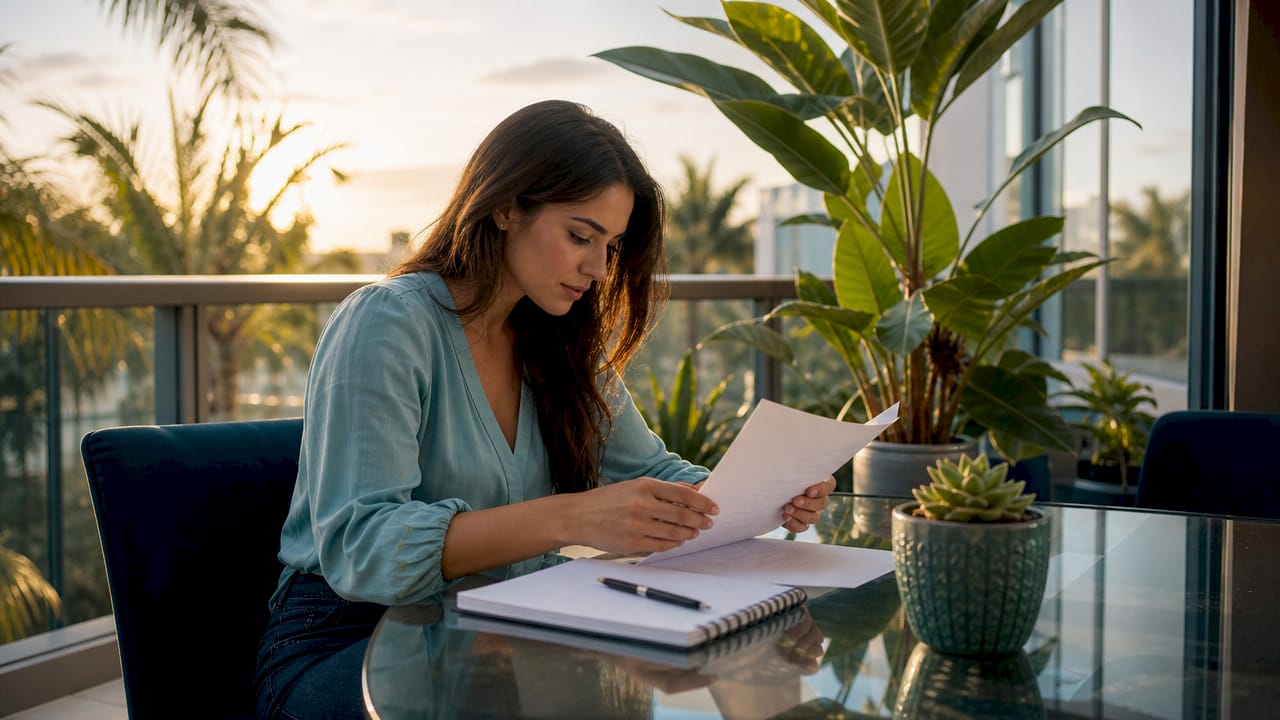 Young woman reviewing apartment leasing paperwork