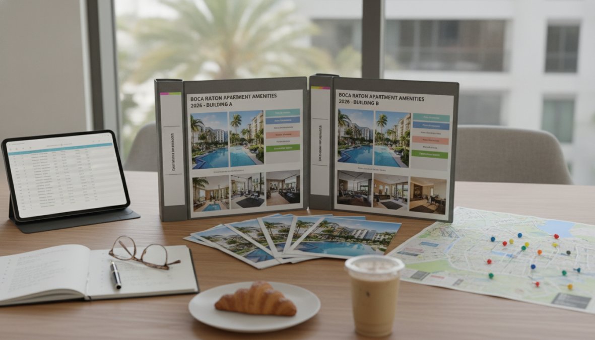 A table with apartment binders, a tablet, a notebook, a map with pins, brochures highlighting Apartment Amenities, a latte, and a croissant, set in a bright room with large windows and views of Boca Raton’s palms—perfect for your 2026 Guide.