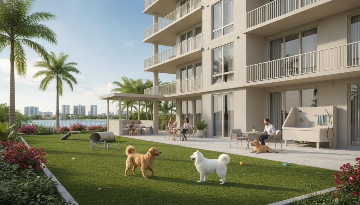 A modern Pet-Friendly Apartment building in Boca Raton with a spacious patio and grassy yard, where two dogs play. People relax at tables and on lounge chairs, with palm trees and city buildings under a blue sky in the background.