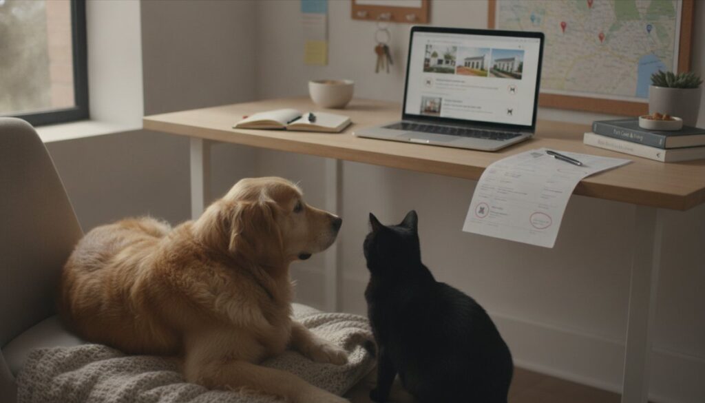 A golden retriever and a black cat sit on a chair facing a home office desk with a laptop, notebook, paperwork, coffee cup, and wall maps—perhaps browsing for the best pet-friendly apartment guide together.