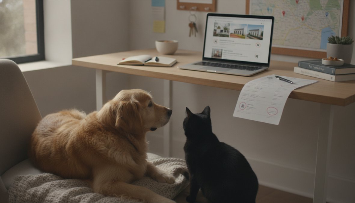 A golden retriever and a black cat sit on a chair facing a home office desk with a laptop, notebook, paperwork, coffee cup, and wall maps—perhaps browsing for the best pet-friendly apartment guide together.