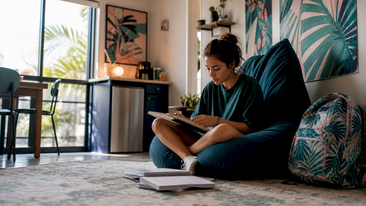 Student organizing study materials in dorm room