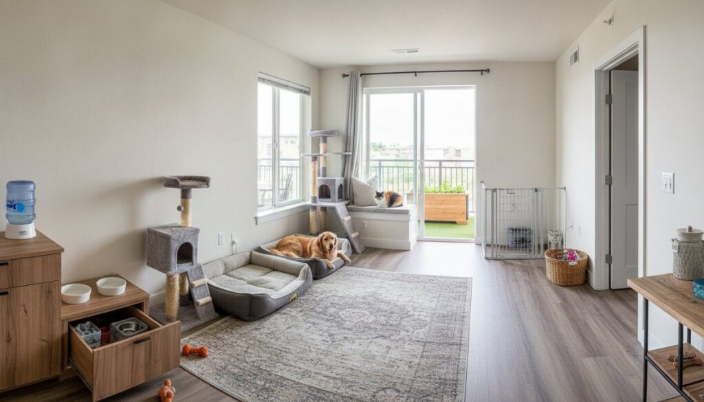 A bright pet-friendly apartment living room with large windows, a cat tree, a dog lying on a bed, a cat on the window seat, pet toys, a water dispenser, and a balcony outside the glass door—perfect for renters with pets.
