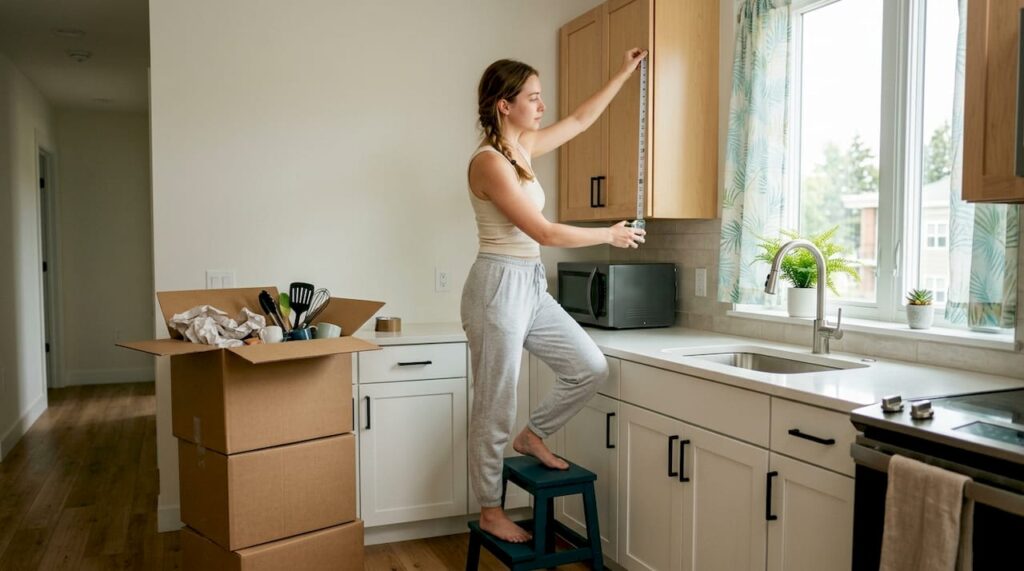 Woman measuring doorway in new apartment