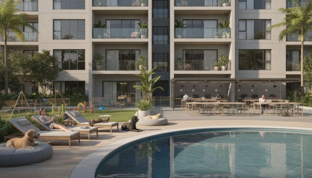 Modern pet-friendly apartments with pool views feature balconies overlooking a round outdoor pool. Residents relax on lounge chairs with their dogs, while tables and a playground surrounded by greenery and palm trees complete the scene.