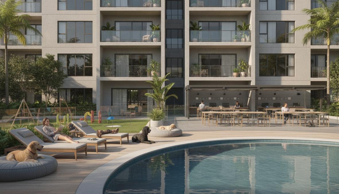 Modern pet-friendly apartments with pool views feature balconies overlooking a round outdoor pool. Residents relax on lounge chairs with their dogs, while tables and a playground surrounded by greenery and palm trees complete the scene.