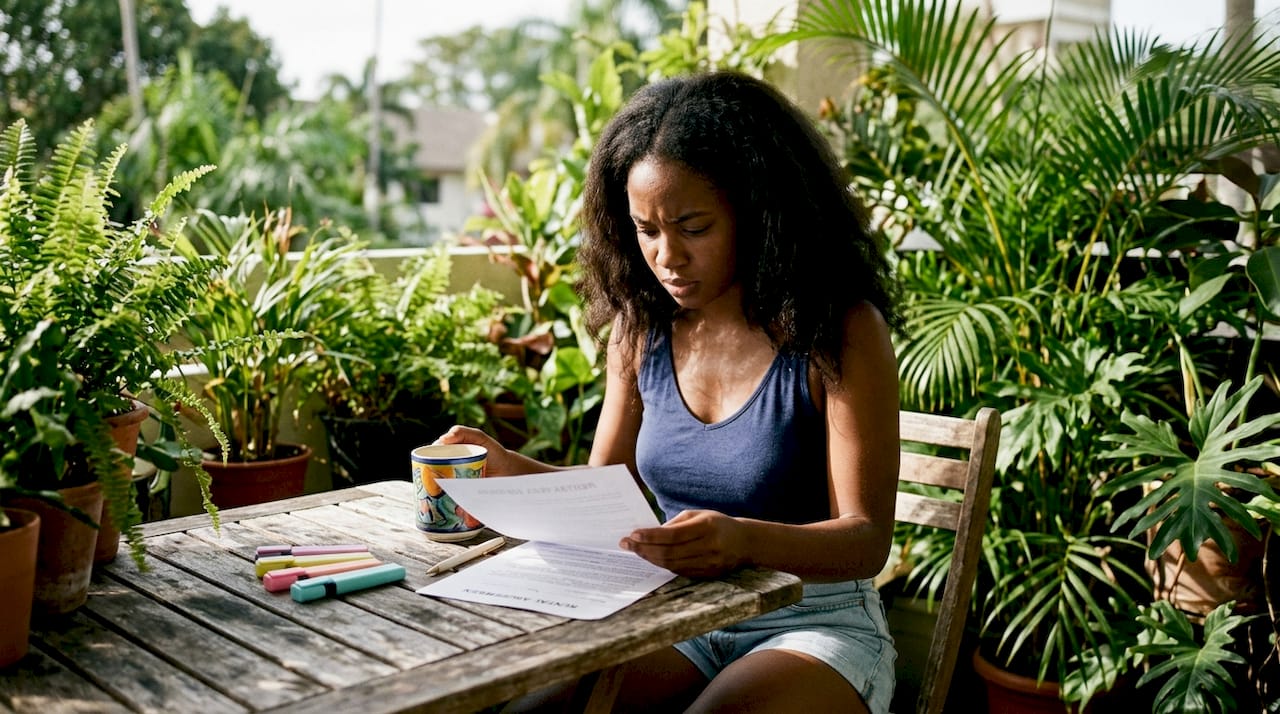 Woman reviewing rental agreement documents at home