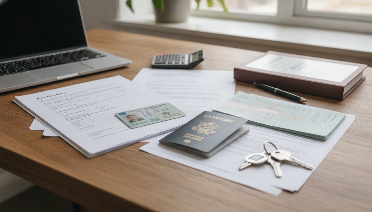 Documents needed to rent an apartment, like a passport, ID card, and other essential papers, along with a pen, keys, calculator, and laptop, are arranged on a wooden desk next to a window.