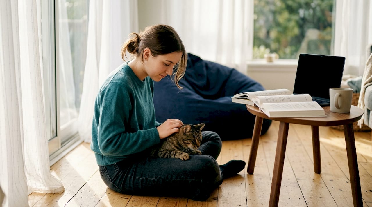 Student sitting on floor petting tabby cat in apartment