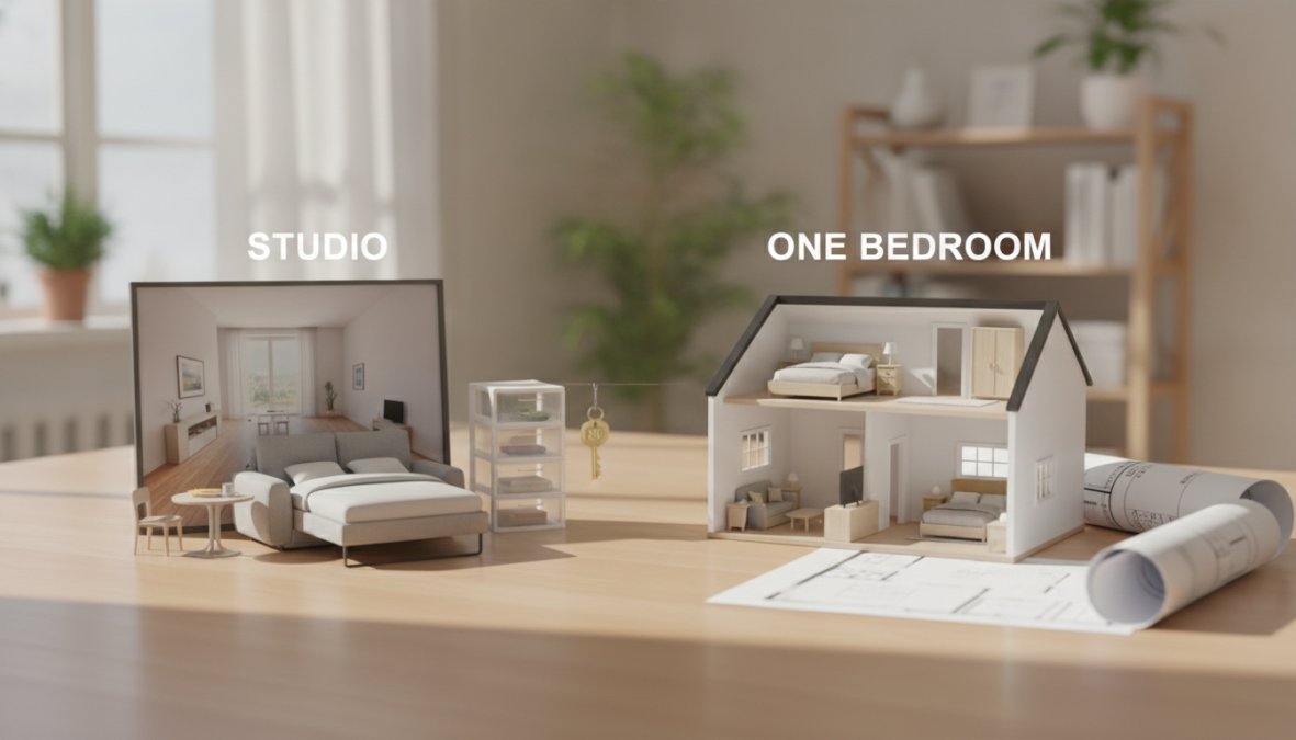 A tabletop highlights the key differences between a studio and a one bedroom apartment: the studio layout sits on the left, while the one-bedroom model is on the right. Nearby rest keys, drawers, and blueprints in a sunlit room.