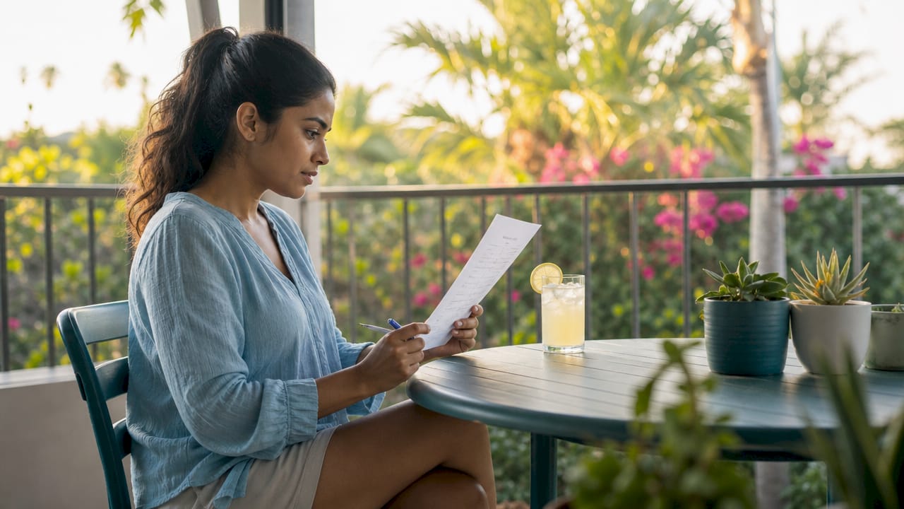 Person reviewing roommate questionnaire at kitchen table