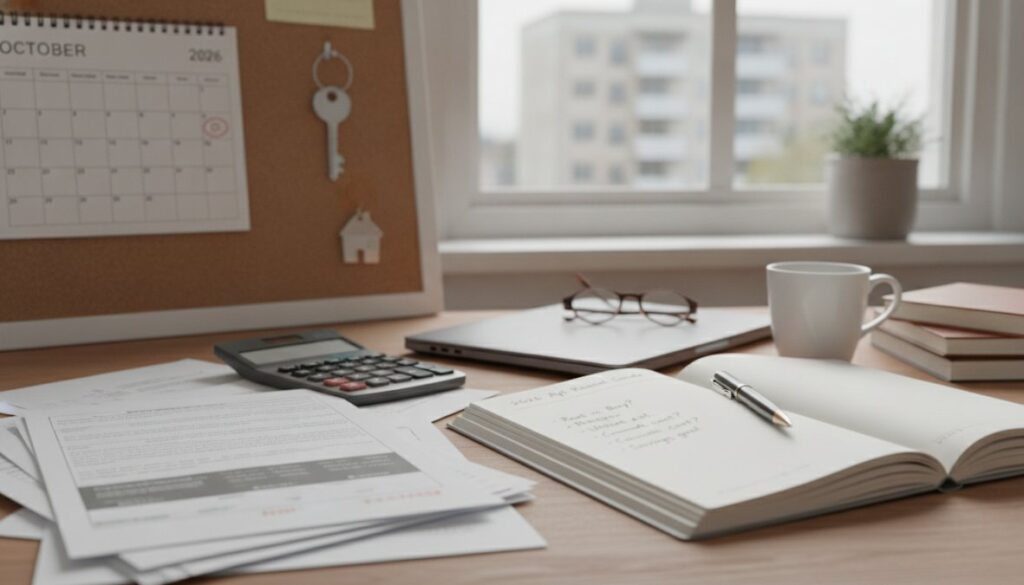 A desk with open notebooks, papers, a calculator, a cup, eyeglasses, and books is set near a window—perfect for studying the 2026 guide to renting a one-bedroom apartment. A plant sits on the windowsill; notes and keys hang on the corkboard.