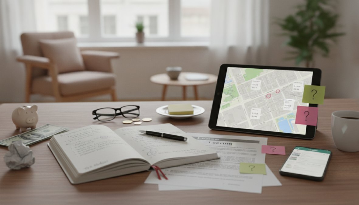 A desk with an open notebook, documents, a tablet showing a city map—perfect for beginners learning to negotiate apartment rent—plus a phone, cash, piggy bank, glasses, coins, and sticky notes with question marks. Light streams in from the window behind.