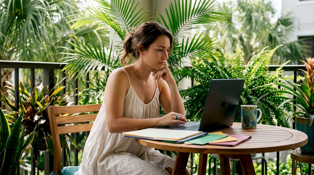 Young woman using laptop in urban apartment living room