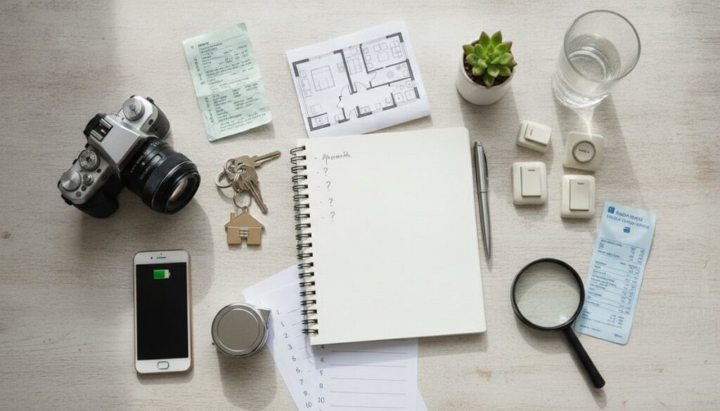 A flat lay of essentials for touring an apartment: a notebook with apartment tour questions, camera, smartphone, keys, receipts, glass of water, floor plan, succulent plant, pen, magnifying glass, and empty jars arranged on a table.