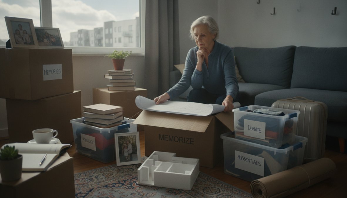 An elderly woman sits on the floor, surrounded by packing boxes labeled "MEMORIZE," "DONATE," and "ABSTENNAS." She looks thoughtful, holding a rolled-up paper, perhaps following a step-by-step downsizing guide as she prepares to downsize from house to apartment.
