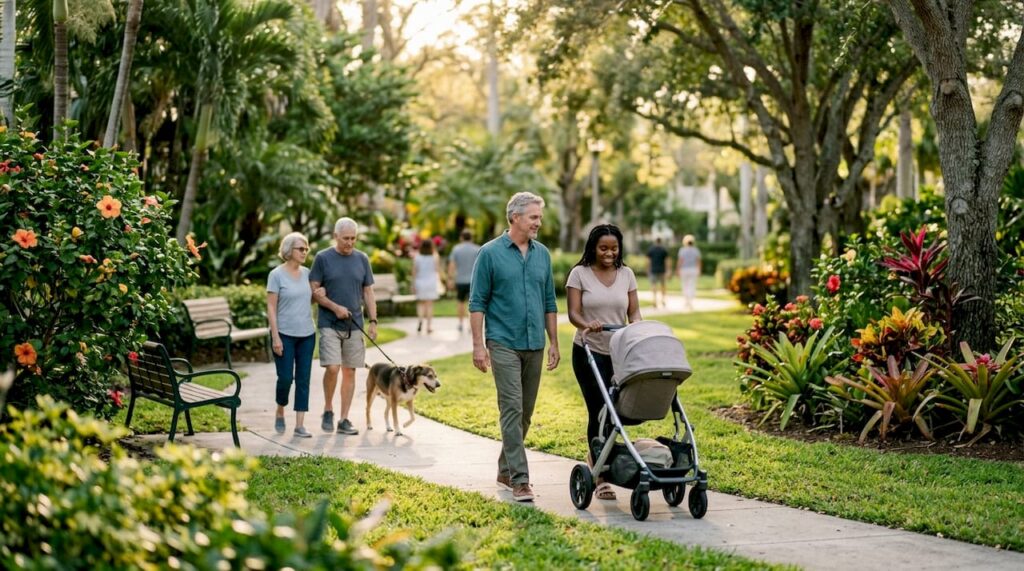 People walking in lively neighborhood street
