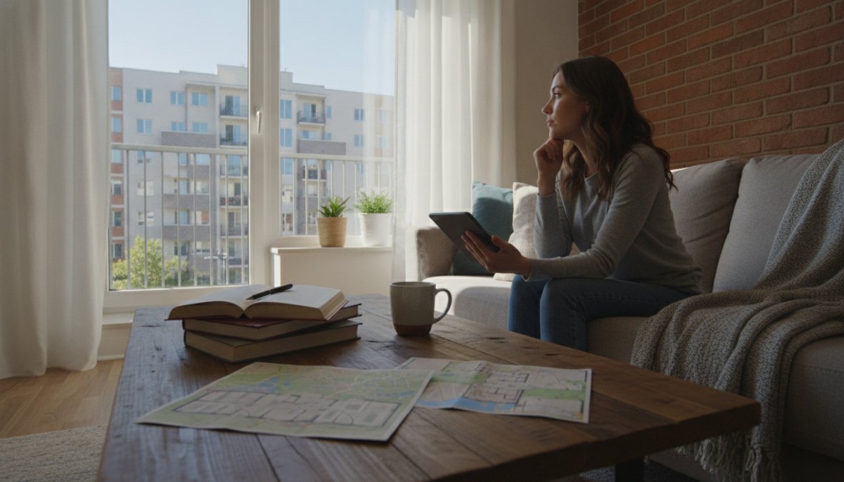 A woman sits on a sofa in a modern living room, holding a tablet and gazing thoughtfully out the window, embracing the apartment lifestyle. A coffee table holds books, a cup, and a map or blueprint. Apartment buildings are visible outside.