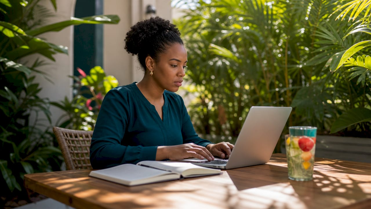 Property manager typing on laptop in apartment office