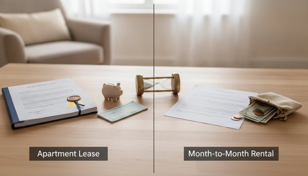 A wooden table displays a comparison of apartment lease vs month to month rental: on the left, an apartment lease, key, piggy bank, and check; on the right, a month-to-month rental agreement, hourglass, and a pouch with cash and coins.