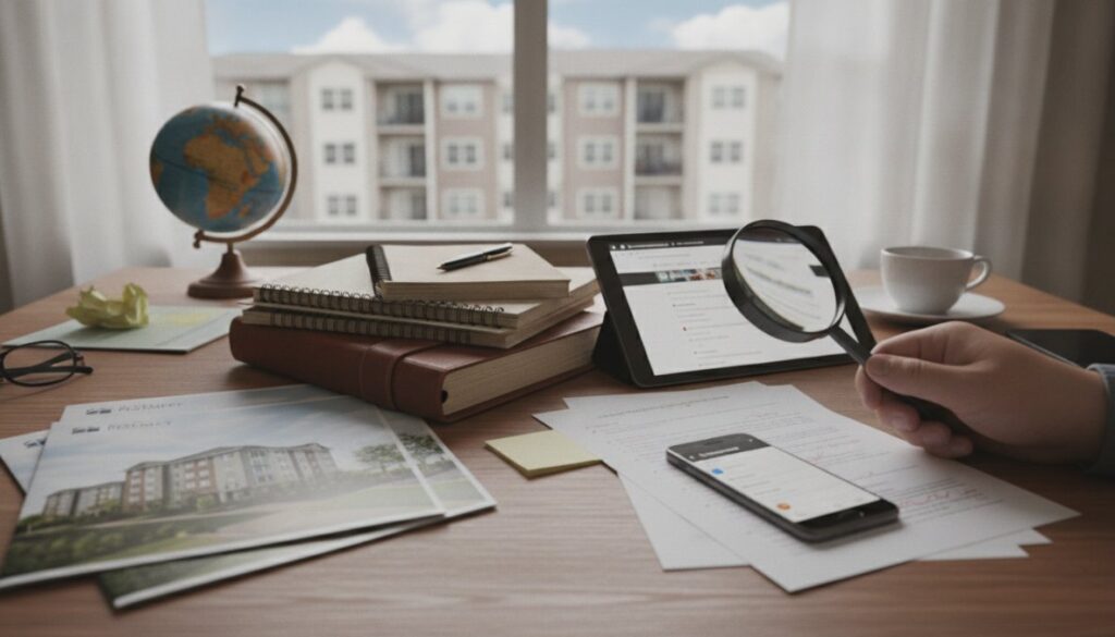A person holding a magnifying glass over documents on a desk—with a smartphone, tablet, notebooks, cup, and small globe—illustrates how to verify apartment management reputation. An apartment building is visible through the window in the background.