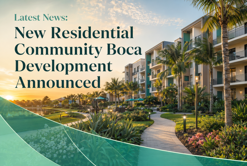 A modern residential community with palm trees and landscaped gardens at sunset, featuring a headline: “New Residential Community Boca Development Announced.” Text overlay highlights latest news.