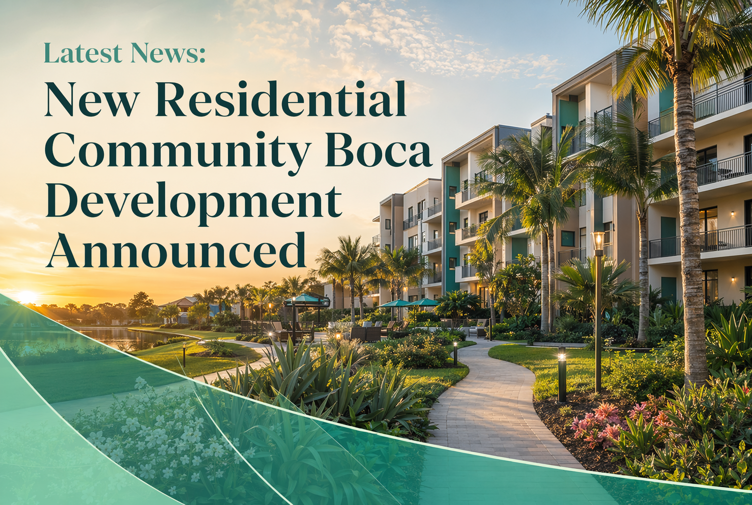 A modern residential community with palm trees and landscaped gardens at sunset, featuring a headline: “New Residential Community Boca Development Announced.” Text overlay highlights latest news.