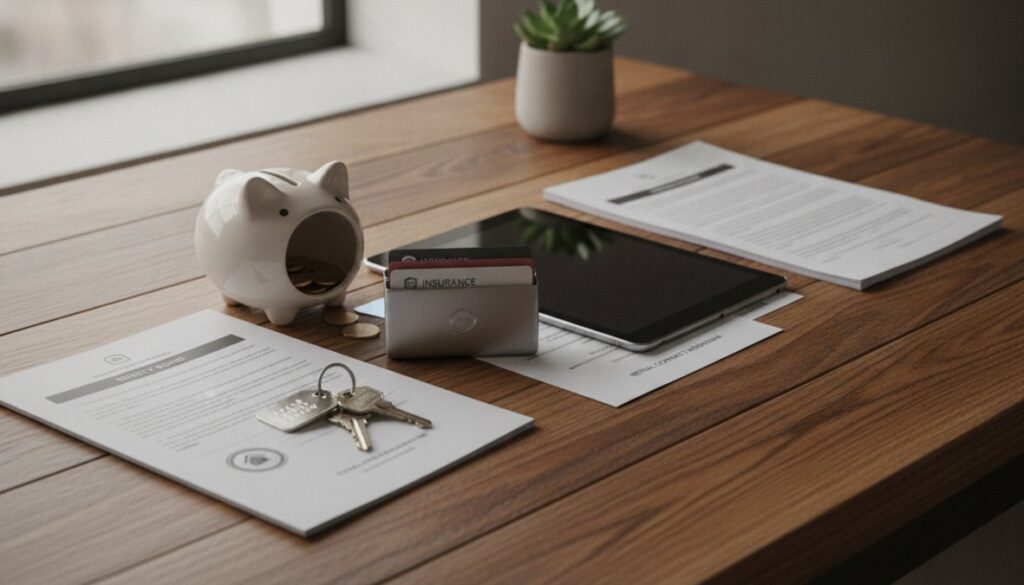 A wooden desk with documents, a tablet, a small plant, a white piggy bank with coins—perfect for saving on alternatives to traditional apartment security deposits—a set of keys, and a cardholder containing an insurance card and other cards.