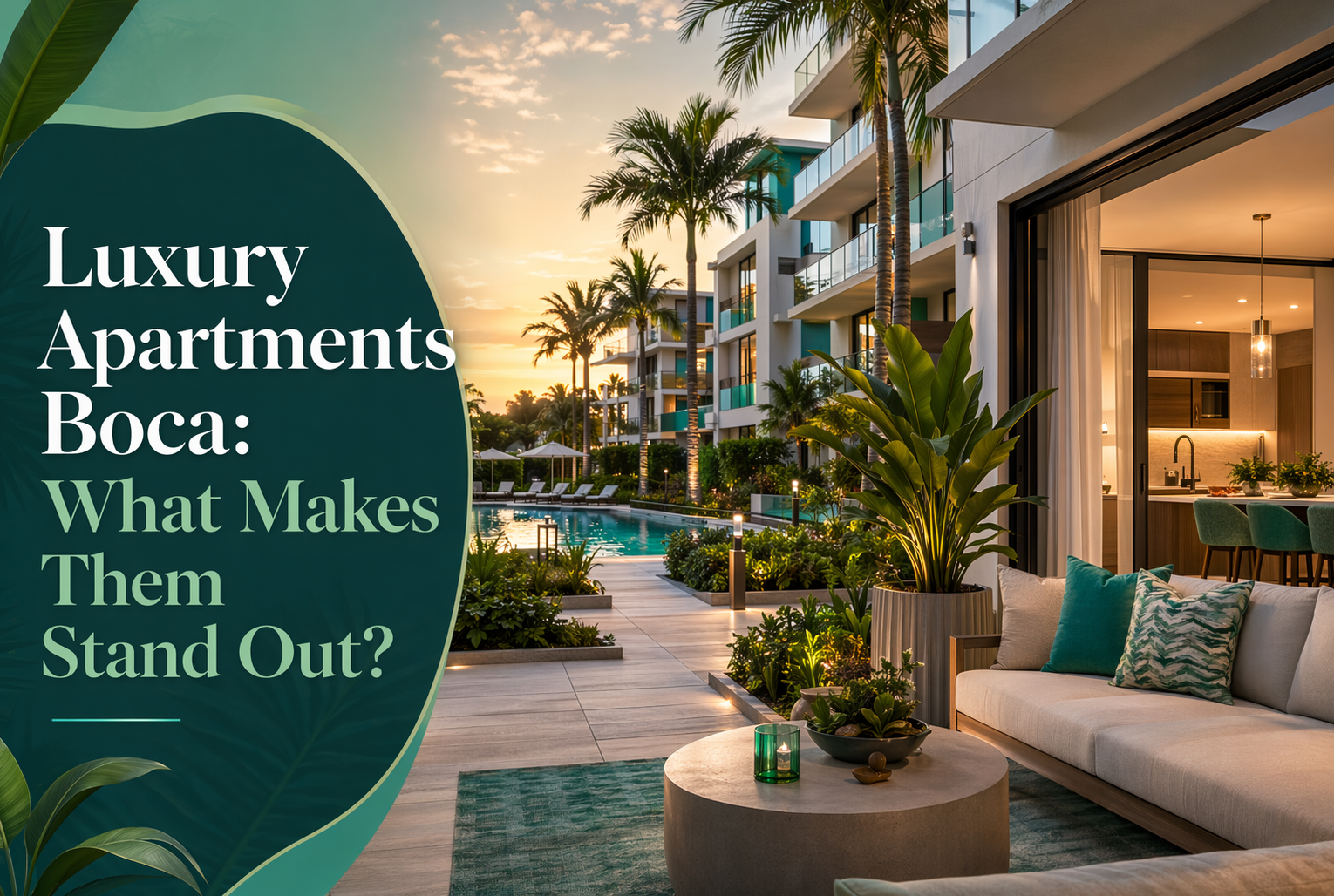 A modern luxury apartment with stylish outdoor seating, lush plants, and a view of a pool at sunset. Text reads: "Luxury Apartments Boca: What Makes Them Stand Out?.