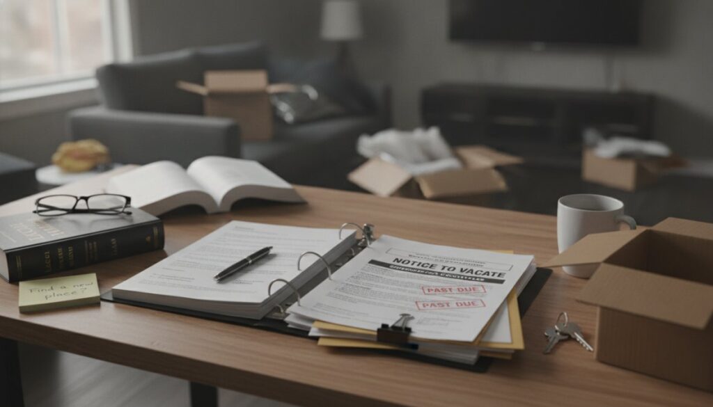 A table with paperwork, including "Notice to Vacate" forms marked "Past Due," a binder, and a sticky note reading "Find a storage unit," hints at what happens if you break an apartment lease. Moving boxes fill the background.