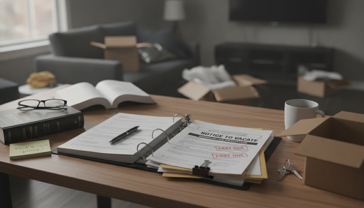 A table with paperwork, including "Notice to Vacate" forms marked "Past Due," a binder, and a sticky note reading "Find a storage unit," hints at what happens if you break an apartment lease. Moving boxes fill the background.