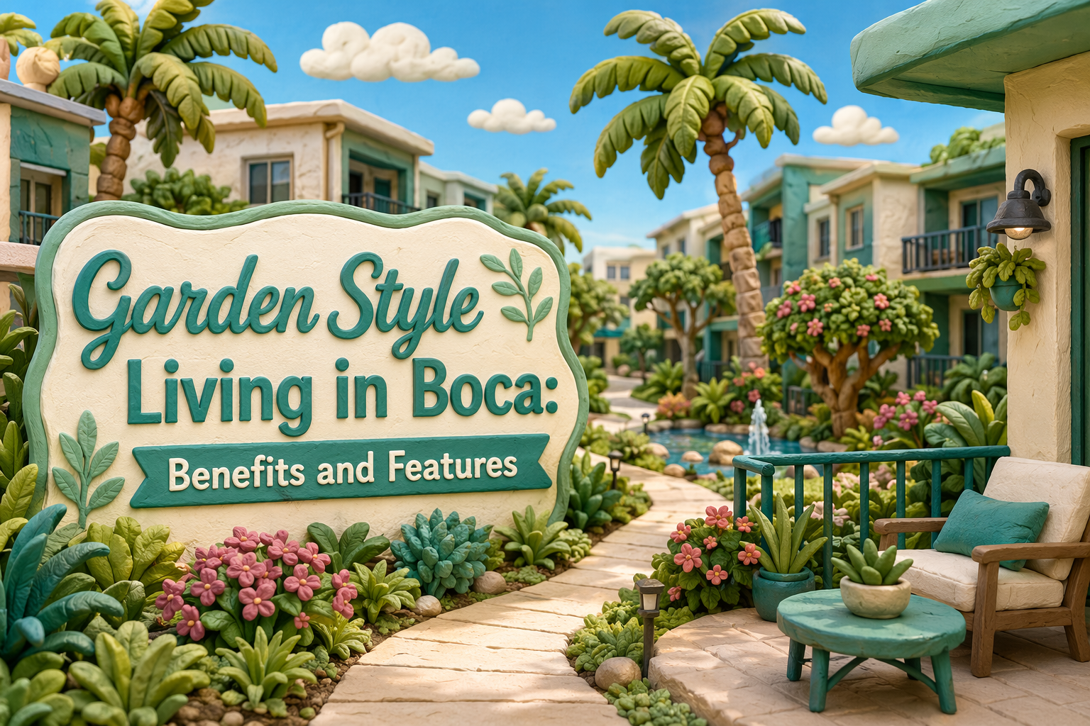 A colorful, lush garden-style apartment complex with palm trees, path, flowers, and a large sign reading “Garden Style Living in Boca: Benefits and Features.” Outdoor seating and balconies are visible.