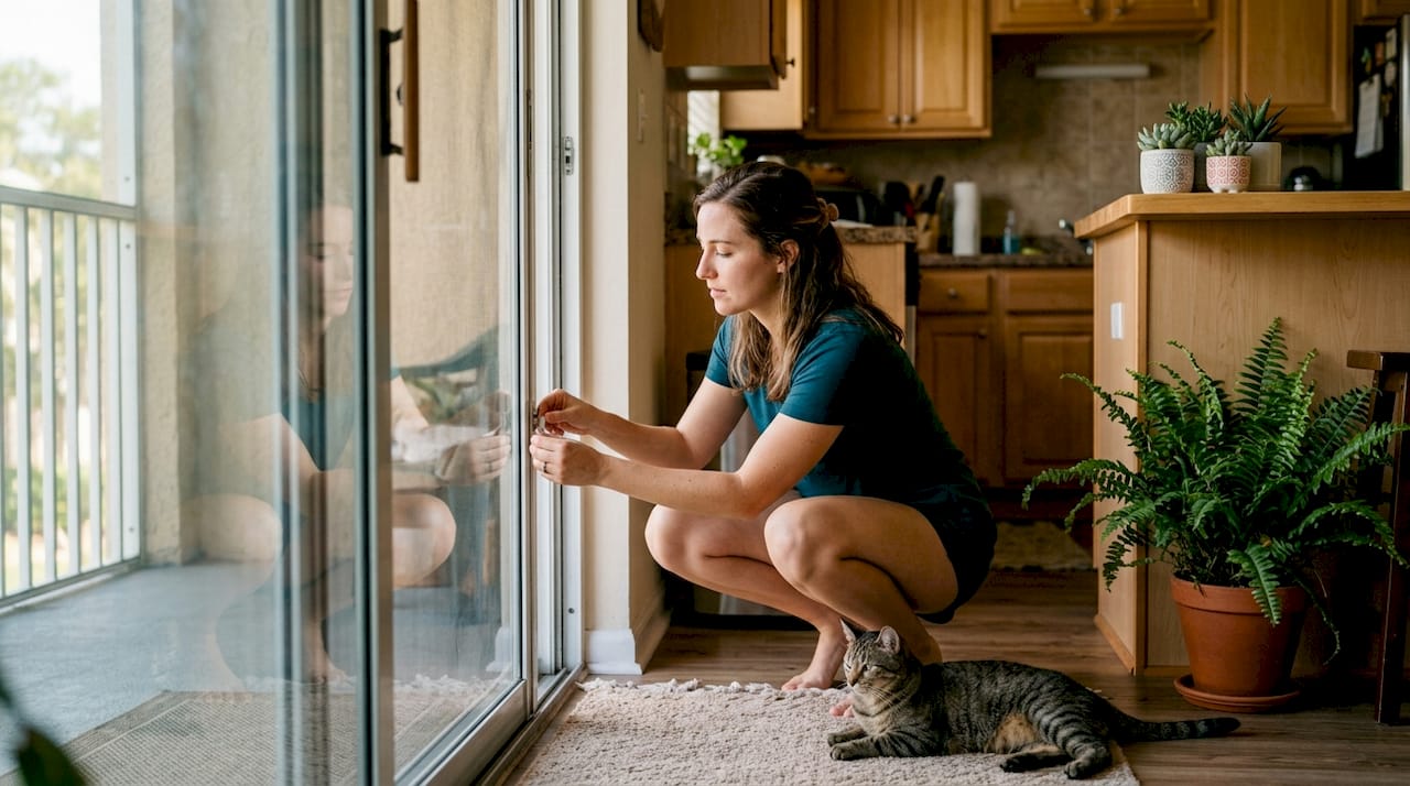 Woman installing pet-safe window screen in apartment