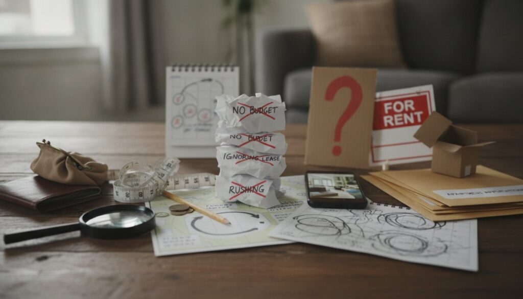 A desk displays crumpled papers labeled “NO BUDGET,” “NO TIME,” and “IGNORING RULES”—visual cues for 5 common apartment hunting mistakes to avoid. Scattered coins, a calendar, a "For Rent" sign, and a question mark hint at the search’s challenges.