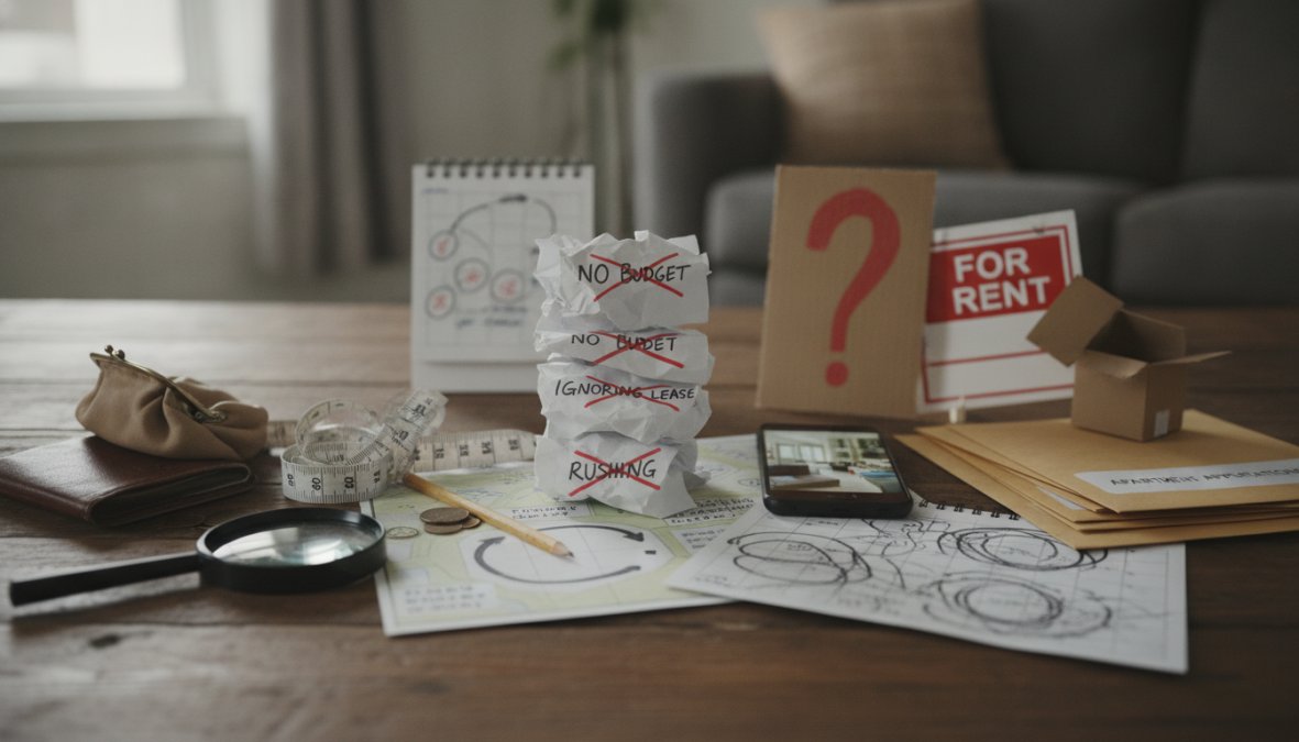 A desk displays crumpled papers labeled “NO BUDGET,” “NO TIME,” and “IGNORING RULES”—visual cues for 5 common apartment hunting mistakes to avoid. Scattered coins, a calendar, a "For Rent" sign, and a question mark hint at the search’s challenges.