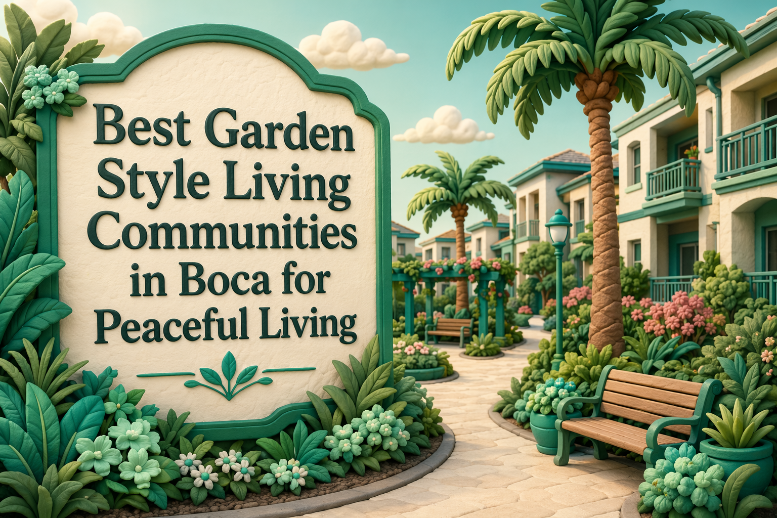A lush garden-style community with palm trees, flowering plants, benches, and pastel buildings. A large sign reads, “Best Garden Style Living Communities in Boca for Peaceful Living.”.