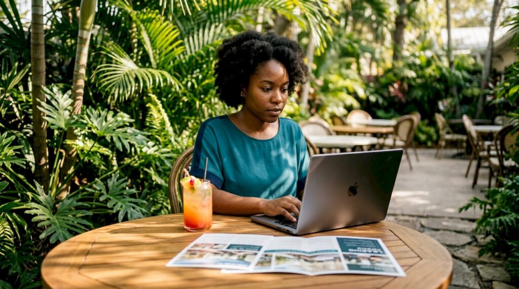 Woman using technology for AI leasing support