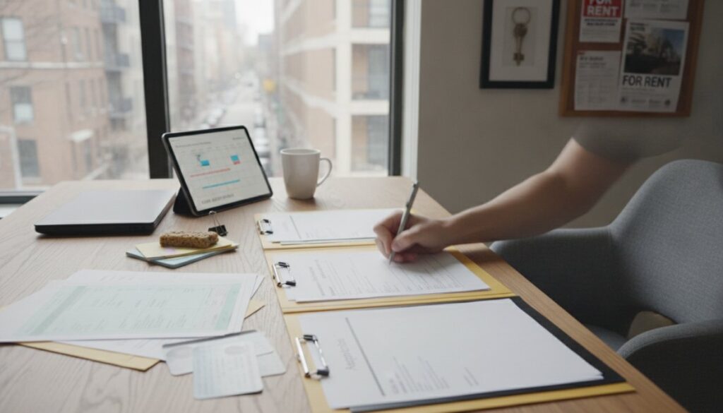 A person learns how to speed up your apartment application process while filling out forms on a clipboard at a desk with paperwork, a tablet displaying charts, a laptop, a coffee mug, and a snack by a window overlooking city buildings.