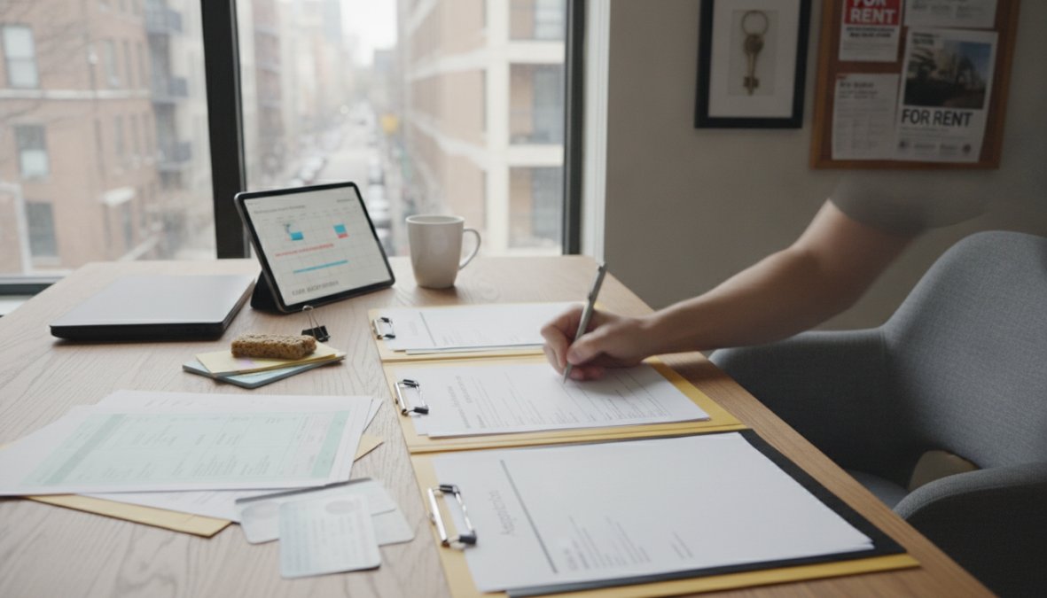 A person learns how to speed up your apartment application process while filling out forms on a clipboard at a desk with paperwork, a tablet displaying charts, a laptop, a coffee mug, and a snack by a window overlooking city buildings.