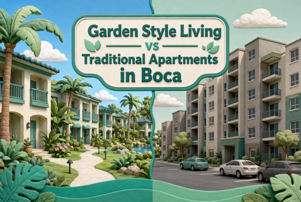 A split image compares garden style living, with lush landscaping and colorful buildings, to traditional apartments, with taller gray buildings and a parking lot. Text reads: “Garden Style Living vs Traditional Apartments in Boca.”.