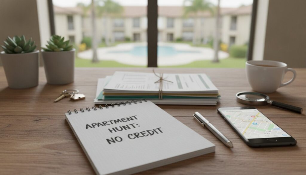 A desk with a notepad reading "APARTMENT HUNT: NO CREDIT," a pen, smartphone showing how to find an apartment without credit, papers, magnifying glass, keys, and two potted plants; a blurred apartment complex is visible outside.