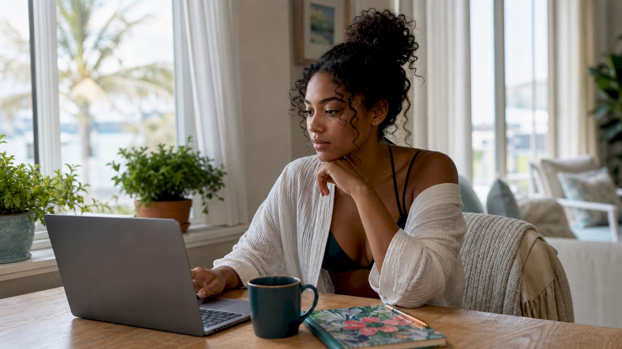 Woman using laptop for virtual leasing