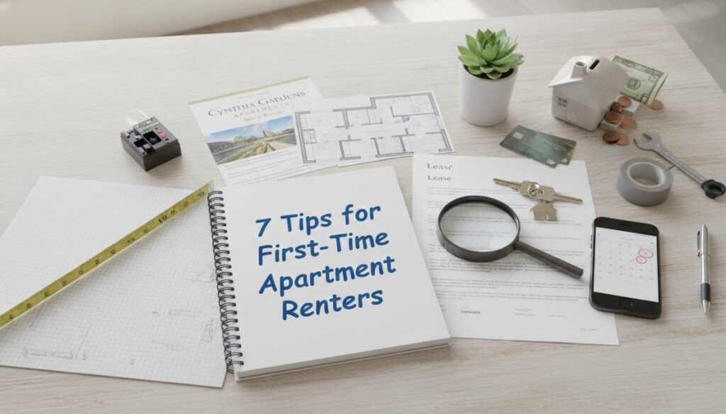 A desk with paperwork, a notebook titled “7 Tips for First-Time Apartment Renters,” a floor plan, magnifying glass, money, phone, measuring tape, plant, and a small house model—perfect for exploring 7 tips for first time apartment renters.