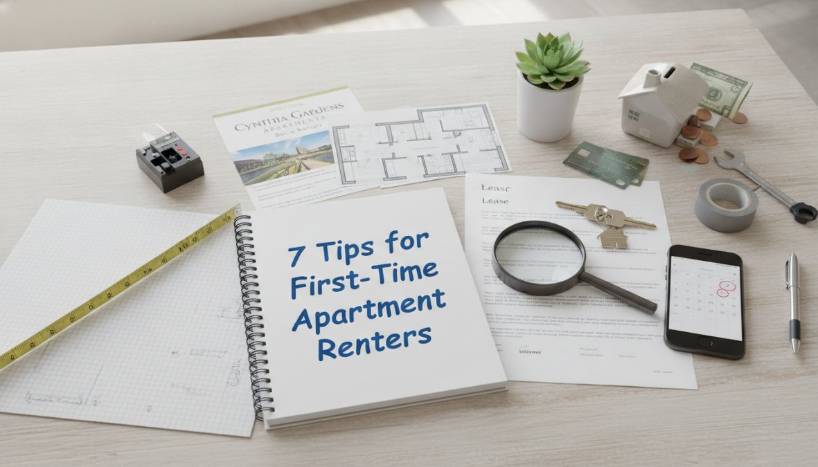 A desk with paperwork, a notebook titled “7 Tips for First-Time Apartment Renters,” a floor plan, magnifying glass, money, phone, measuring tape, plant, and a small house model—perfect for exploring 7 tips for first time apartment renters.