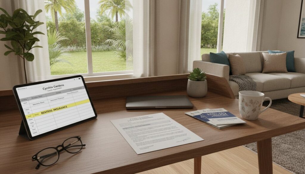 A desk with glasses, a tablet showing an insurance form (prompting the question "is renters insurance worth it for apartments?"), a document, a closed laptop, a book, a mug, and a small plant. A sofa and large windows with palm trees can be seen in the background.